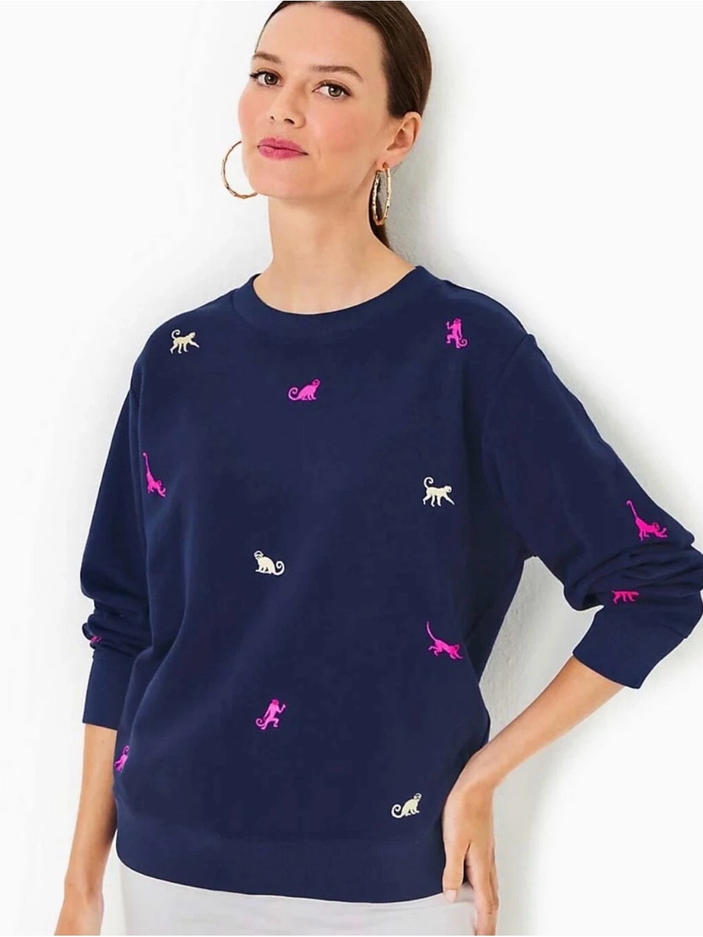 Lilly Pulitzer Ballad Long Sweatshirt Low Tide Navy Monkey Half Drop Small